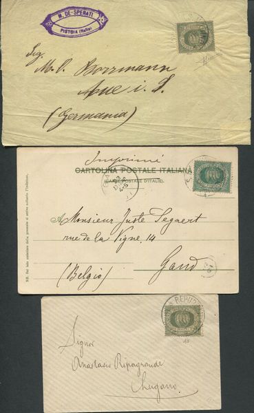 1892/94, S.Marino, Una fascetta e una piccola busta per l�estero, ognuna affr. con 5c. verdegrigio oliva (13a) e una cartolina per il Belgio con 5c. verde olivastro (13)  - Asta Filatelia e Storia Postale - Associazione Nazionale - Case d'Asta italiane