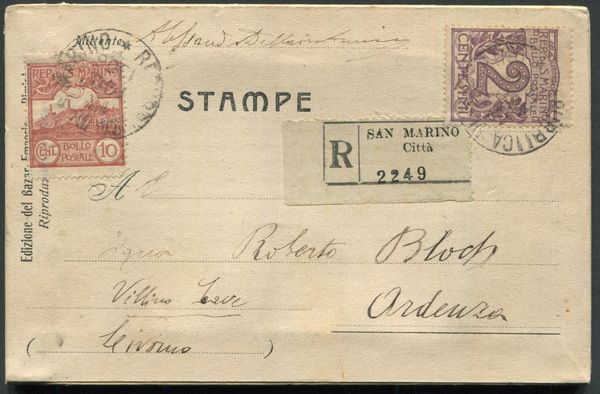 1906 - San Marino - Stampe raccomandate affr. 2c. + 10c.  - Asta Filatelia e Storia Postale - Associazione Nazionale - Case d'Asta italiane