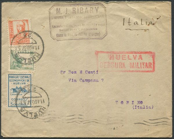 1937, Spagna, Busta da Huelva per Torino, affrancata con 40 cent. arancio (Yv. 584), 10 cent verde (Yv. 579).  - Asta Filatelia e Storia Postale - Associazione Nazionale - Case d'Asta italiane