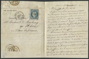 1870, Francia, modulo  Par Balon Mont, completo di testo da Parigi per Havre del 18 novembre 1870  - Asta Filatelia e Storia Postale - Associazione Nazionale - Case d'Asta italiane