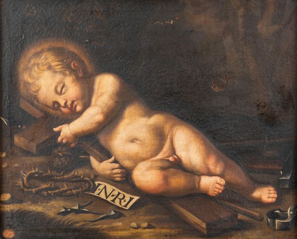 Scuola emiliana, secolo XVII : Ges� Bambino dormiente con i simboli della Passione  - Asta Dipinti e Disegni Antichi - Associazione Nazionale - Case d'Asta italiane