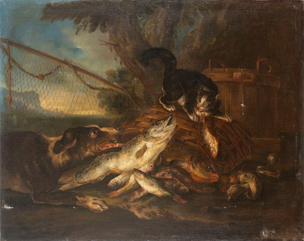Giovanni Crivelli, detto il Crivellino : Cane scaccia un gatto che insidia dei pesci; e Cane che sorveglia selvaggina accanto all'attrezzatura del cacciatore  - Asta Dipinti e Disegni Antichi - Associazione Nazionale - Case d'Asta italiane