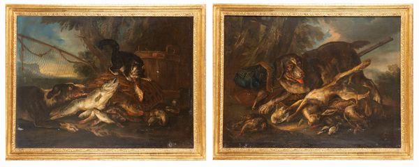 Giovanni Crivelli, detto il Crivellino : Cane scaccia un gatto che insidia dei pesci; e Cane che sorveglia selvaggina accanto all'attrezzatura del cacciatore  - Asta Dipinti e Disegni Antichi - Associazione Nazionale - Case d'Asta italiane