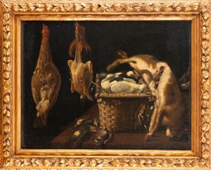 Artista fiammingo attivo in Italia settentrionale, secolo XVII : Trionfo di caccia con colombi in un cesto di vimini  - Asta Dipinti e Disegni Antichi - Associazione Nazionale - Case d'Asta italiane