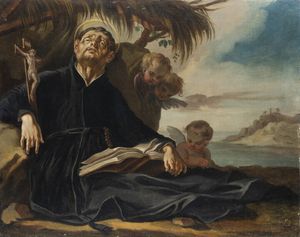 PITTORE ANONIMO - Santo in meditazione con angeli XVIII secolo
