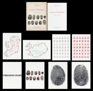 PIERO MANZONI Soncino (CR) 1933 - 1963 Milano - 8 tavole di accertamento  n. 26: - 2 Carte geografiche 1959 - 2 Alfabeti 1958 -1 Linea 1959 -3 Impronte 1960