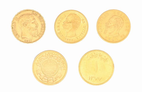 Lotto: 2 monete 20 lire Regno d'Italia; 20 franchi belgi; 2 monete ottomane  - Asta Numismatica - Associazione Nazionale - Case d'Asta italiane