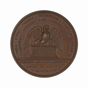 Giuseppe  FERRARIS - Medaglia in bronzo commemorativa di Mercurino Arborio Gattinara (1465-1530); datata 1845 e firmata G. Ferraris. D/ MERCVRINVS ARBOREUS DE GATTINARIA CARD CAROLI V MAGNVS CANCELLARIVS Busto frontale. R/ Scritta nel giro e nel campo aquila su basamento con scritta FIDES, all'esergo scritta e MDCCCXLV