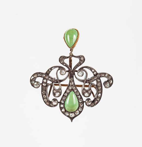 Spilla antica in oro, argento, diamanti e turchese  - Asta Importanti Gioielli e Orologi da polso e da tasca - Associazione Nazionale - Case d'Asta italiane