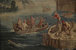 BOTTEGA DI JEROME LE CLERC E JACQUES VAN DER BORCHT, BRUXELLES, MET� DEL XVII SECOLO : Importante arazzo raffigurante scena portuale con personaggi e citt� fortificata sullo sfondo, da un cartone di David Teniers  - Asta Asta 460 | ARTE ANTICA E DEL XIX SECOLO - Da una dimora veneta e altre committenze Tradizionale - Associazione Nazionale - Case d'Asta italiane