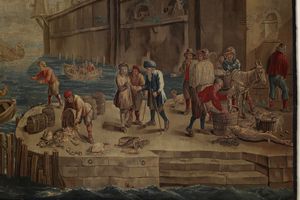 BOTTEGA DI JEROME LE CLERC E JACQUES VAN DER BORCHT, BRUXELLES, MET� DEL XVII SECOLO : Importante arazzo raffigurante scena portuale con personaggi e citt� fortificata sullo sfondo, da un cartone di David Teniers  - Asta Asta 460 | ARTE ANTICA E DEL XIX SECOLO - Da una dimora veneta e altre committenze Tradizionale - Associazione Nazionale - Case d'Asta italiane