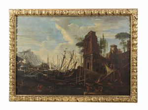 ROSA SALVATORE (1615 - 1673) : Copia da. Paesaggio costiero con imbarcazioni e rovine  - Asta Asta 460 | ARTE ANTICA E DEL XIX SECOLO - Da una dimora veneta e altre committenze Tradizionale - Associazione Nazionale - Case d'Asta italiane