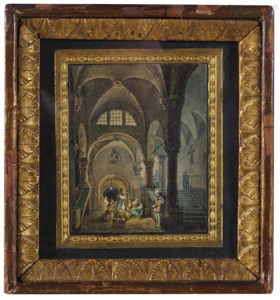 Piccolo acquerello con scena d'interno, in cornice  - Asta Fabio Fazio, arredi e ricordi di una casa di campagna - Associazione Nazionale - Case d'Asta italiane