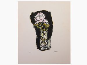 Renato Guttuso : Vaso con rosa e limoni  - Asta Grafica contemporanea: La Collezione di Leonardo Vasile - Associazione Nazionale - Case d'Asta italiane
