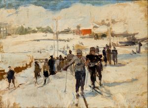 Raffaele Ragione - Paesaggio innevato con sciatori