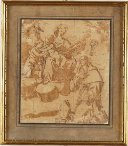 Scuola genovese del XVII secolo Apparizione della Vergine con il Bambino e San Giovannino  - Asta Disegni Antichi - Associazione Nazionale - Case d'Asta italiane