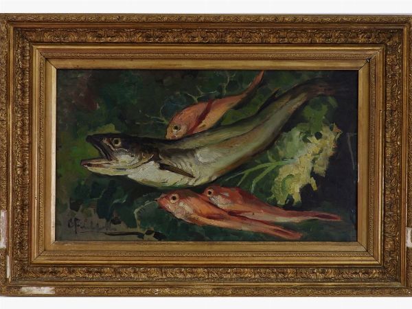 Cafiero Filippelli : Natura morta con pesci  - Asta Arte moderna e contemporanea - Associazione Nazionale - Case d'Asta italiane