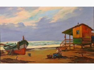 Aldo Affortunati - Paesaggio marino con barca e pescatore