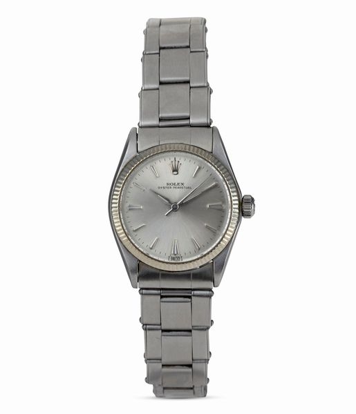 ROLEX : Oyster Perpetual, ref 6551, quadrante argent� con indici a bastone, bracciale rivettato elastico con scatola originale e garanzia  - Asta Orologi da Polso - Associazione Nazionale - Case d'Asta italiane
