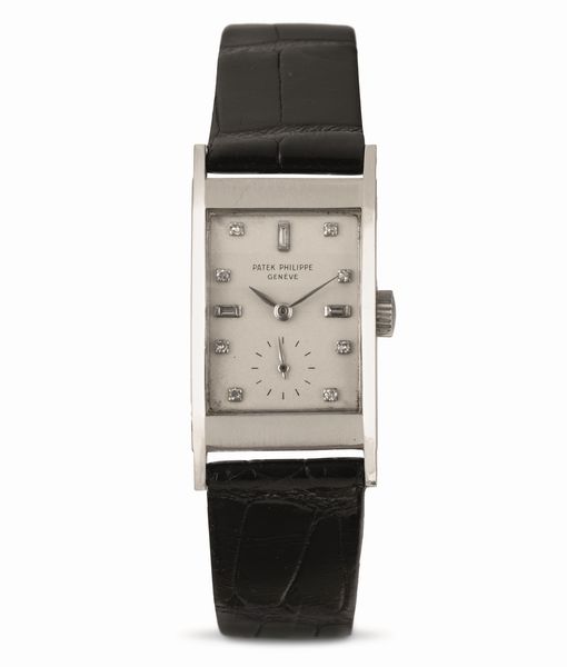 PATEK PHILIPPE : Tegola ref 2461 in platino di forma rettangolare quadrante Argent� indici in diamanti e piccoli secondi  - Asta Orologi da Polso - Associazione Nazionale - Case d'Asta italiane