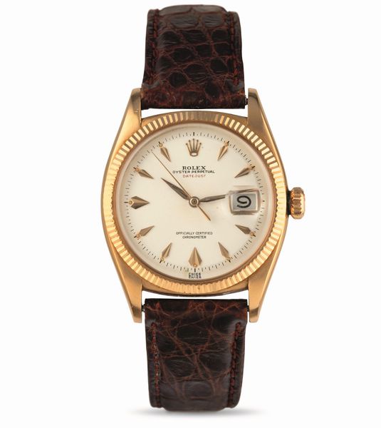 ROLEX : Raro ed elegante Datejust Ovettone �scritta rossa� ref 6305, in oro rosa 18k, quadrante Argent� gren� con indici fantasia, carica automatica  - Asta Orologi da Polso - Associazione Nazionale - Case d'Asta italiane
