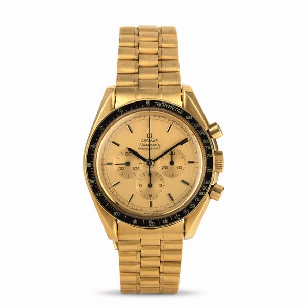 OMEGA : Raro Speedmaster Apollo XI 345.0802 edizione limitata a 300 esemplari in oro giallo 18k realizzato per commemorare il 10� anniversario dello sbarco sulla Luna  - Asta Orologi da Polso - Associazione Nazionale - Case d'Asta italiane