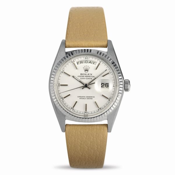 ROLEX : Elegante Daydate ref 1803 in oro bianco 18k, quadrante argent� con indici a bastone  - Asta Orologi da Polso - Associazione Nazionale - Case d'Asta italiane