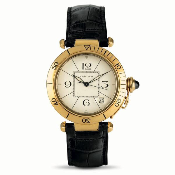 CARTIER : Pasha ref 1020 grande misura in oro giallo 18k, carica automatica con datario, completo di scatola e garanzia  - Asta Orologi da Polso - Associazione Nazionale - Case d'Asta italiane