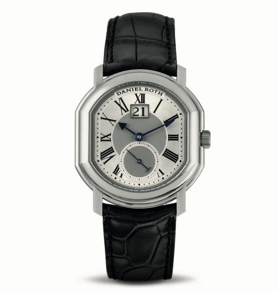 DANIEL ROTH : Datomax in oro bianco 18k con grande finestra del datario ad ore 12, piccoli secondi, quadrante guilloch� con numeri Romani  - Asta Orologi da Polso - Associazione Nazionale - Case d'Asta italiane
