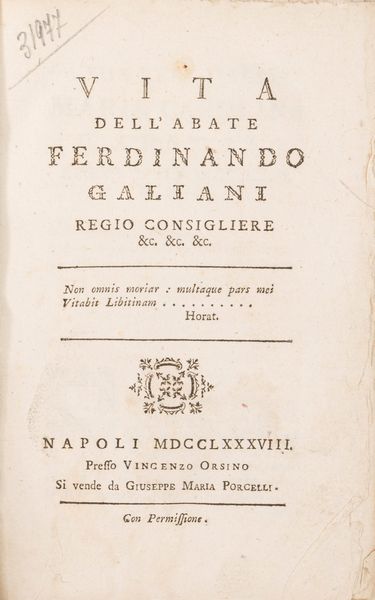 LUIGI DIODATI : Vita dell'abate Ferdinando Galiani.  - Asta Libri, Autografi e Stampe - Associazione Nazionale - Case d'Asta italiane