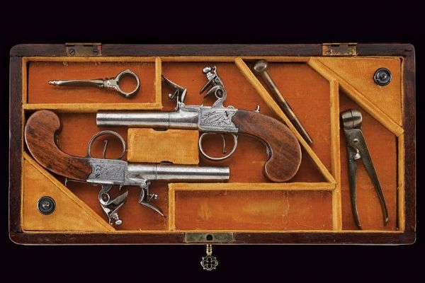 Paio di mazzagatti a pietra focaia di Thomas in cassetta  - Asta Una Vasta Selezione di Armi da Fuoco Americane - Associazione Nazionale - Case d'Asta italiane