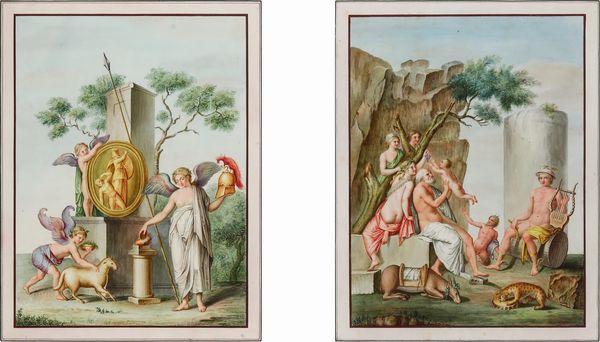 Michelangelo Maestri : Mito di Atena, Infanzia di Dionisio, Scena di sacrificio, L�abbandono di Arianna a Nasso  - Asta Dimore Italiane - Associazione Nazionale - Case d'Asta italiane