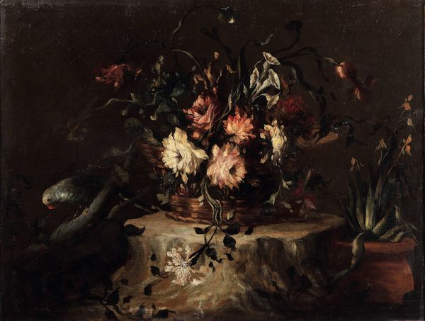 (attivo tra il 1730 e il 1760) Maestro dei fiori guardeschi, Attribuito a : Natura morta con cesto di fiori e pappagallo  - Asta Dipinti Antichi - Associazione Nazionale - Case d'Asta italiane