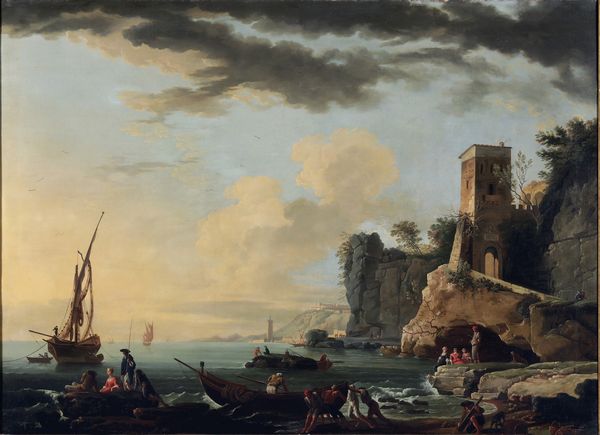 Jean François Hue : Paesaggio costiero con figure e imbarcazioni  - Asta Dipinti Antichi - Associazione Nazionale - Case d'Asta italiane