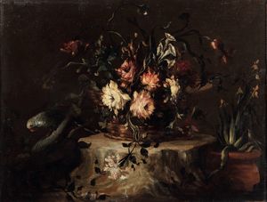 (attivo tra il 1730 e il 1760) Maestro dei fiori guardeschi, Attribuito a - Natura morta con cesto di fiori e pappagallo
