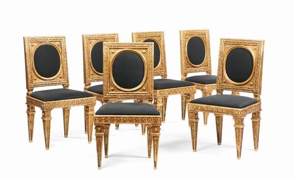 Sei sedie di modello neoclassico in legno intagliato e dorato, XVIII-XIX secolo  - Asta Antiquariato - Associazione Nazionale - Case d'Asta italiane