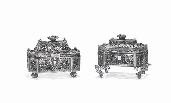Due spice-boxes (besamin) in filigrana d'argento, est Europa o Russia XIX secolo  - Asta Antiquariato - Associazione Nazionale - Case d'Asta italiane