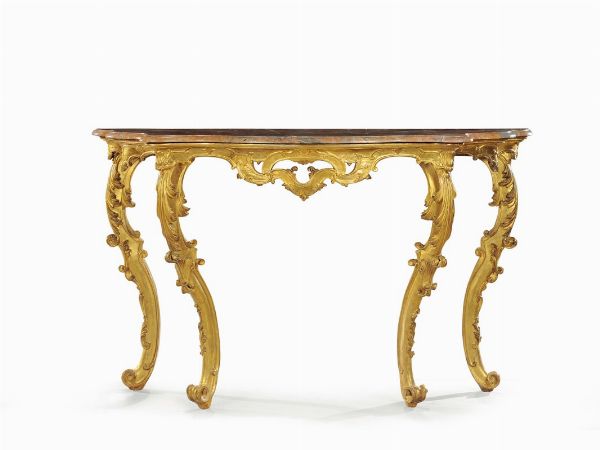 Console Luigi XV in legno intagliato e dorato, XVIII secolo  - Asta Antiquariato - Associazione Nazionale - Case d'Asta italiane