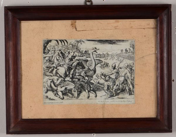 Incisione raffigurante la caccia allo struzzo, XVIII-XIX secolo  - Asta Antiquariato - Associazione Nazionale - Case d'Asta italiane