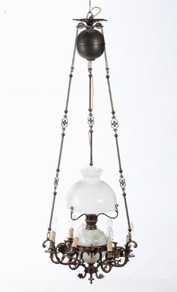 Lampadario a sei luci in metallo e vetro, XIX secolo  - Asta Antiquariato - Associazione Nazionale - Case d'Asta italiane