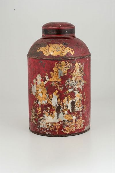 Contenitore in latta dipinta a chinoiseries, John Gilbert & C., Londra  - Asta Antiquariato - Associazione Nazionale - Case d'Asta italiane