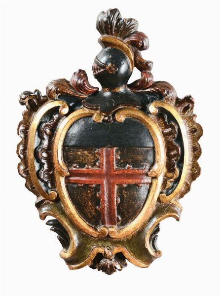 Stemma nobiliare in legno intagliato, dorato e dipinto, XVIII secolo  - Asta Antiquariato - Associazione Nazionale - Case d'Asta italiane