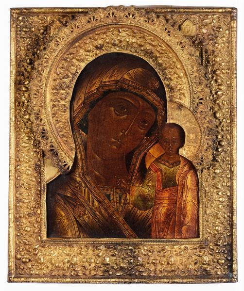 Icona raffigurante Madonna con Bambino con riza in rame dorato, XVIII secolo  - Asta Antiquariato - Associazione Nazionale - Case d'Asta italiane