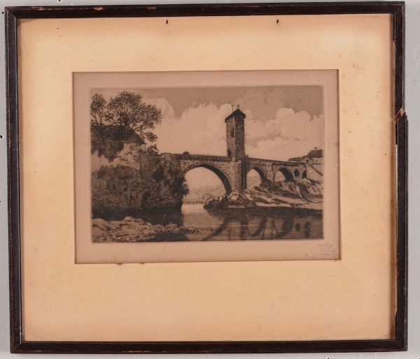 Incisione raffigurante paesaggio fluviale con ponte, XIX-XX secolo  - Asta Antiquariato - Associazione Nazionale - Case d'Asta italiane