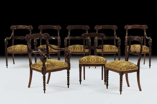 Sei poltrone e due sedie in mogano Carlo X, Genova XIX secolo  - Asta Antiquariato - Associazione Nazionale - Case d'Asta italiane