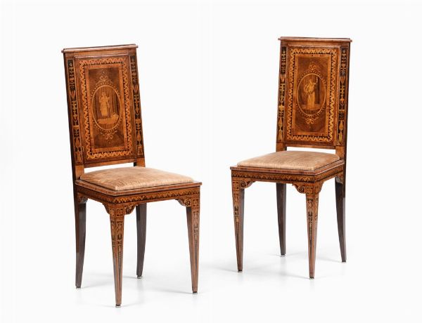 Coppia di sedie intarsiate in stile Maggiolini, XIX-XX secolo  - Asta Antiquariato - Associazione Nazionale - Case d'Asta italiane