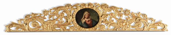 Testiera di letto in legno intagliato e dorato con dipinto centrale raffigurante Madonna, XVIII-XIX secolo  - Asta Antiquariato - Associazione Nazionale - Case d'Asta italiane