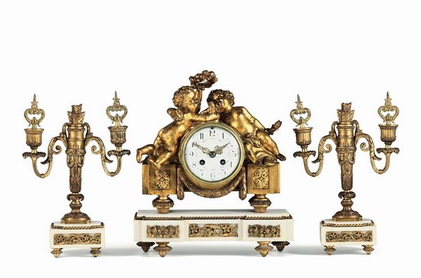 Trittico da camino in bronzo dorato e marmo bianco, Francia  Napoleone III  - Asta Antiquariato - Associazione Nazionale - Case d'Asta italiane