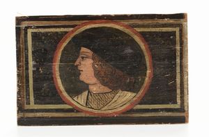Tavoletta da soffitto con personaggio di profilo, XV-XVI secolo  - Asta Antiquariato - Associazione Nazionale - Case d'Asta italiane
