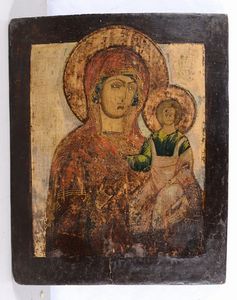 Icona in legno raffigurante Madonna con Bambino, XIX secolo  - Asta Antiquariato - Associazione Nazionale - Case d'Asta italiane